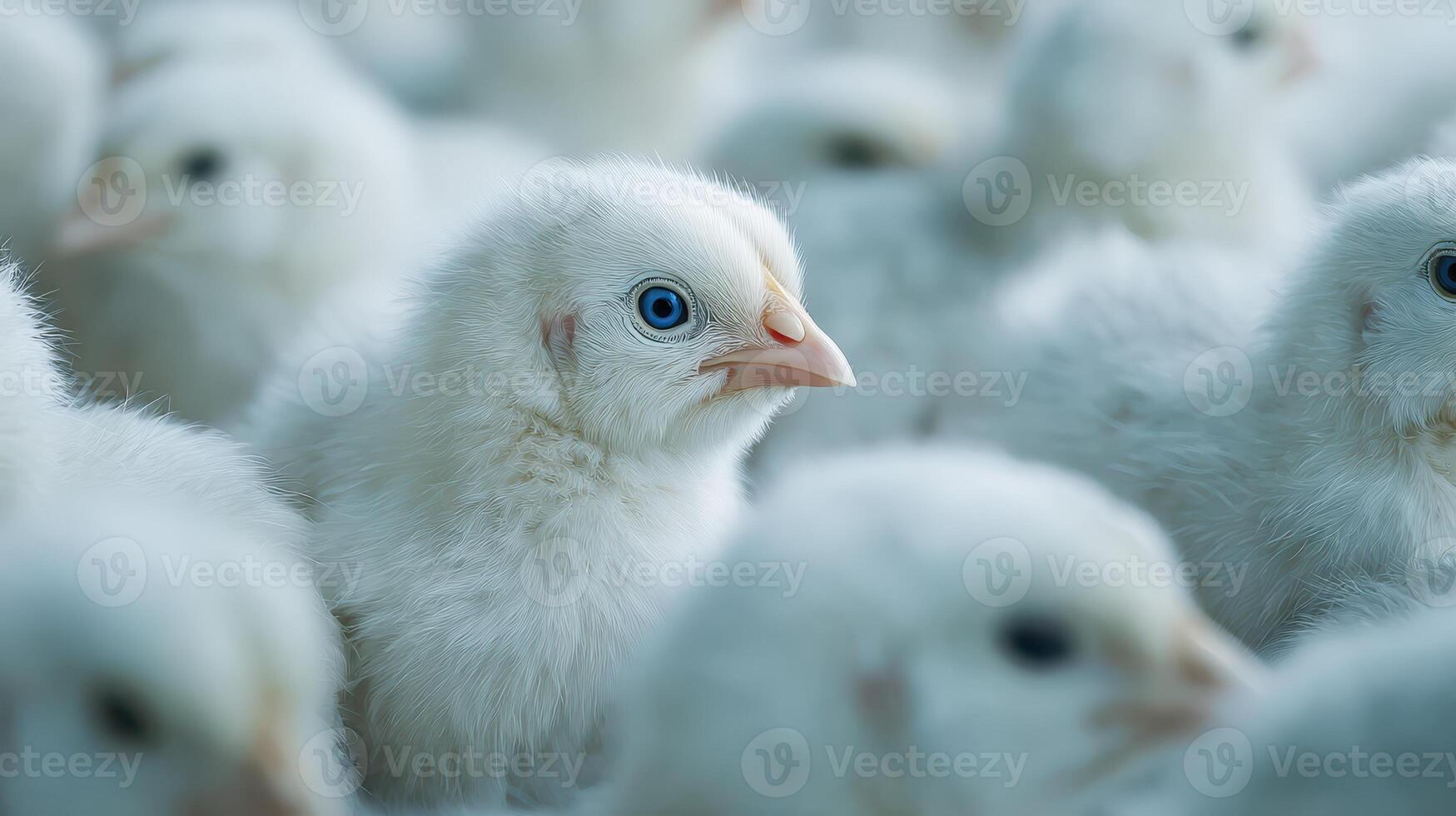 close up of fluffy white baby chicks with blue eyes photo
