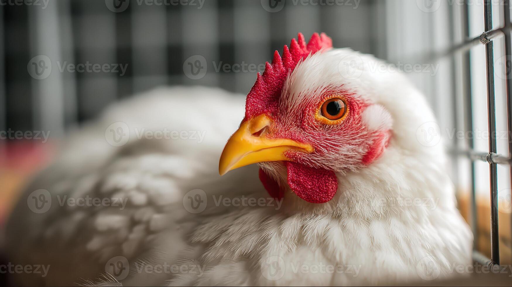 close up of white chicken inside wire cage with detailed feathers photo