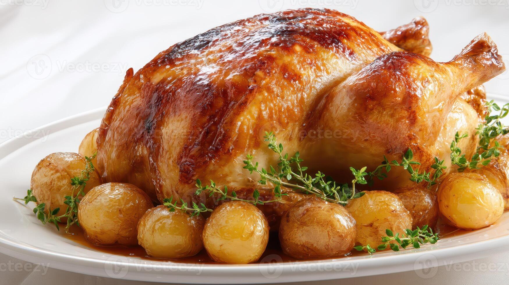 Golden roasted whole chicken with potatoes and herbs photo