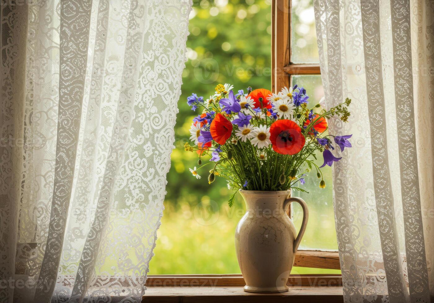 A beautiful bouquet of wildflowers in a vase by a window. photo