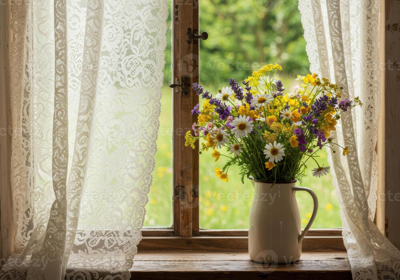 A beautiful bouquet of colorful wildflowers in a pitcher on a windowsill. photo