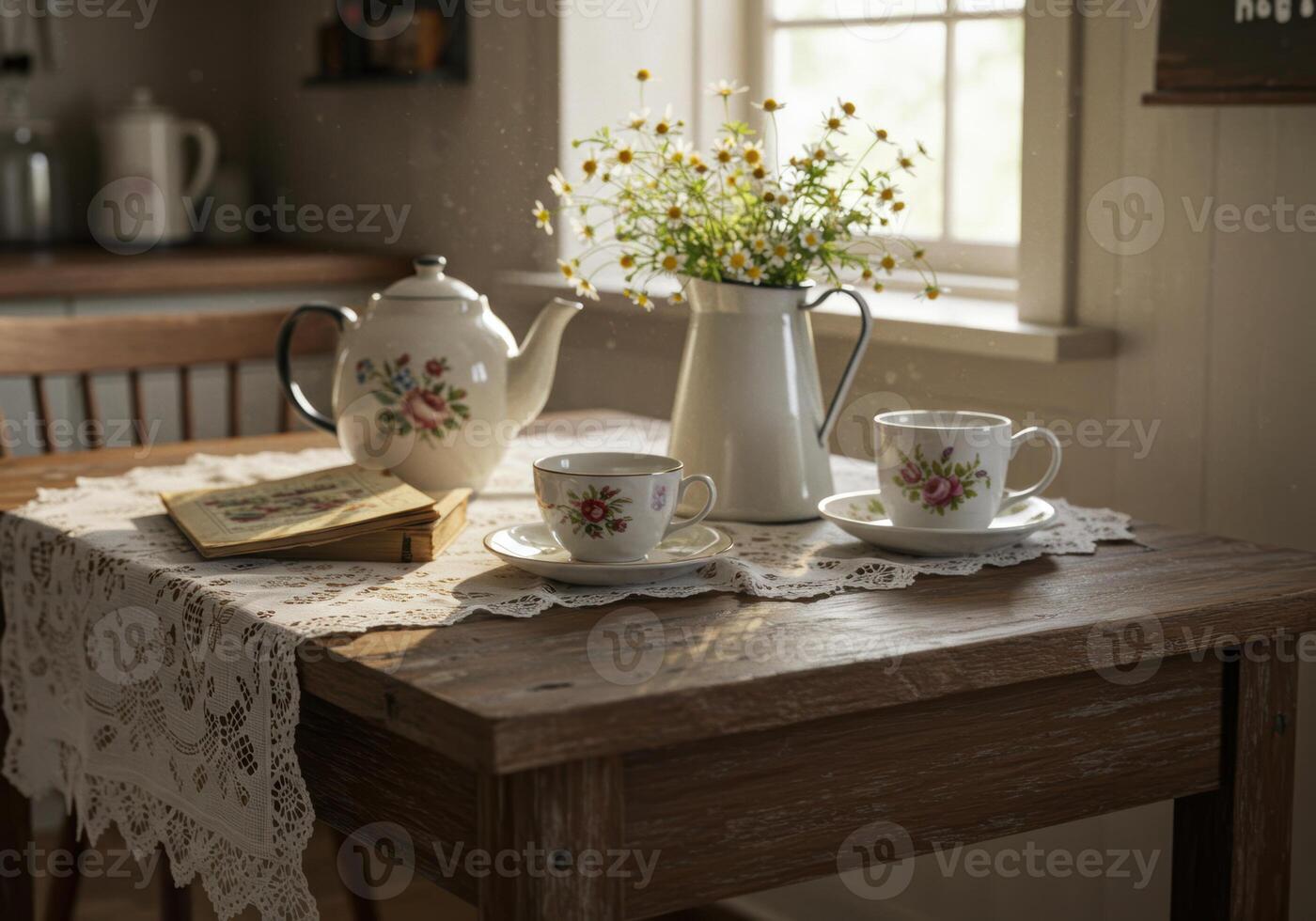 A charming tea setting with floral details and sunlight, creating a cozy atmosphere. photo