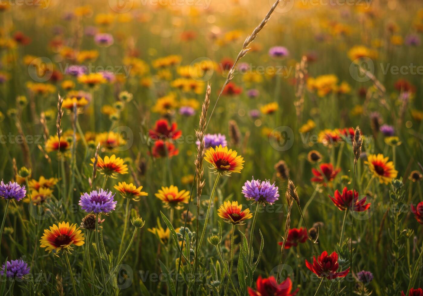 A field of colorful wildflowers, bathed in the warm glow of the setting sun. photo