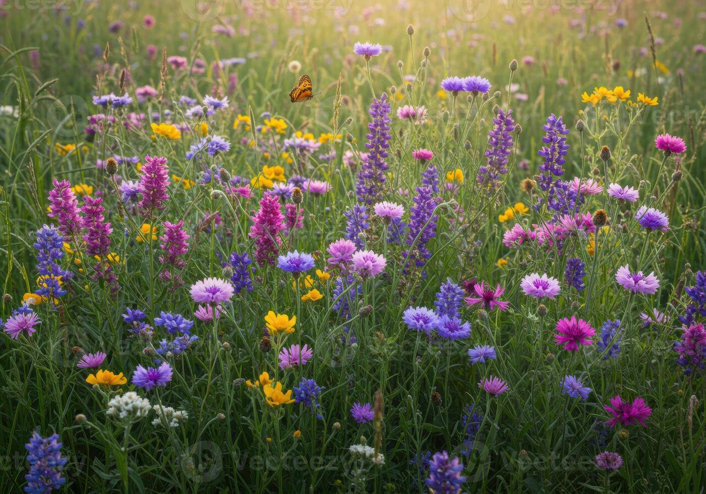 A sunny field of wildflowers in full bloom with a butterfly gently flying nearby. photo