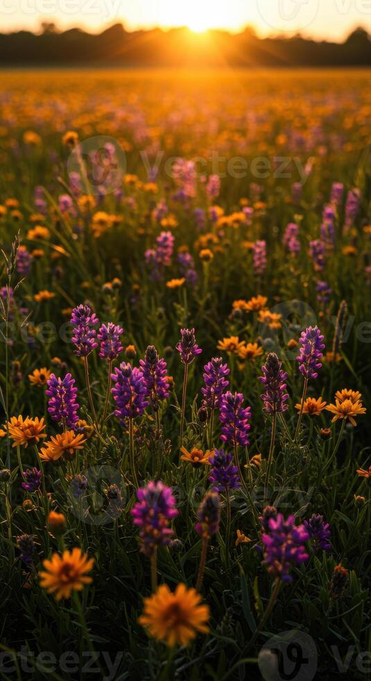Sunset illuminates a field of wildflowers in full bloom, creating a vibrant natural scene. photo