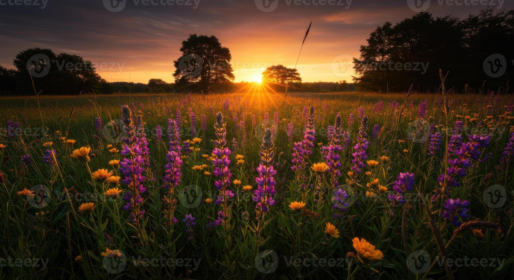 A stunning sunset bathes a field of wildflowers in golden light, painting a beautiful scene. photo
