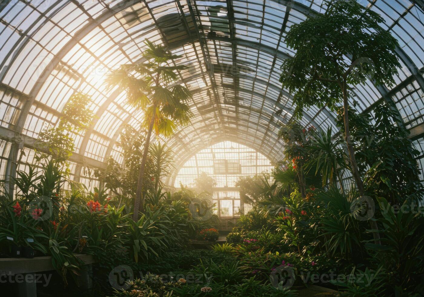 View of a stunning sunlit botanical garden filled with tropical plants and flowers. photo