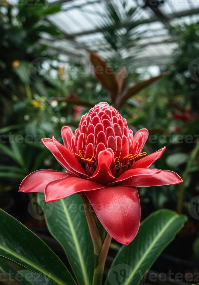 Close-up of a striking red torch ginger flower with vibrant green foliage. photo