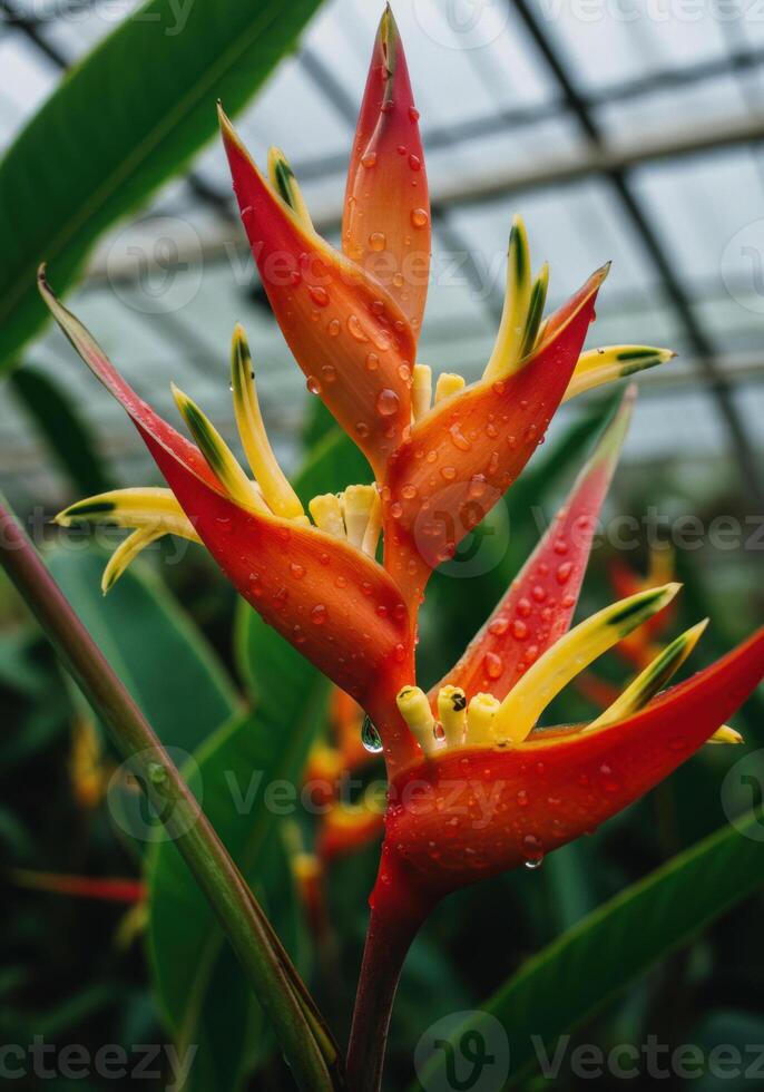 A close up of a stunning orange and yellow heliconia flower, covered in water droplets. photo
