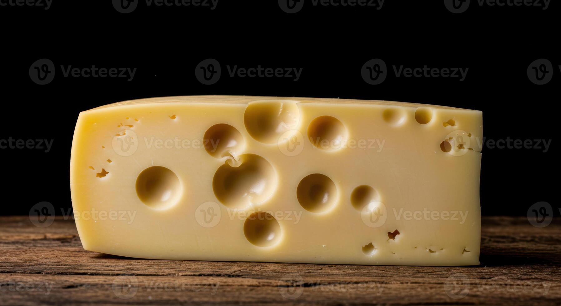 A close up of a block of Swiss cheese with its characteristic holes, on a wooden table. photo
