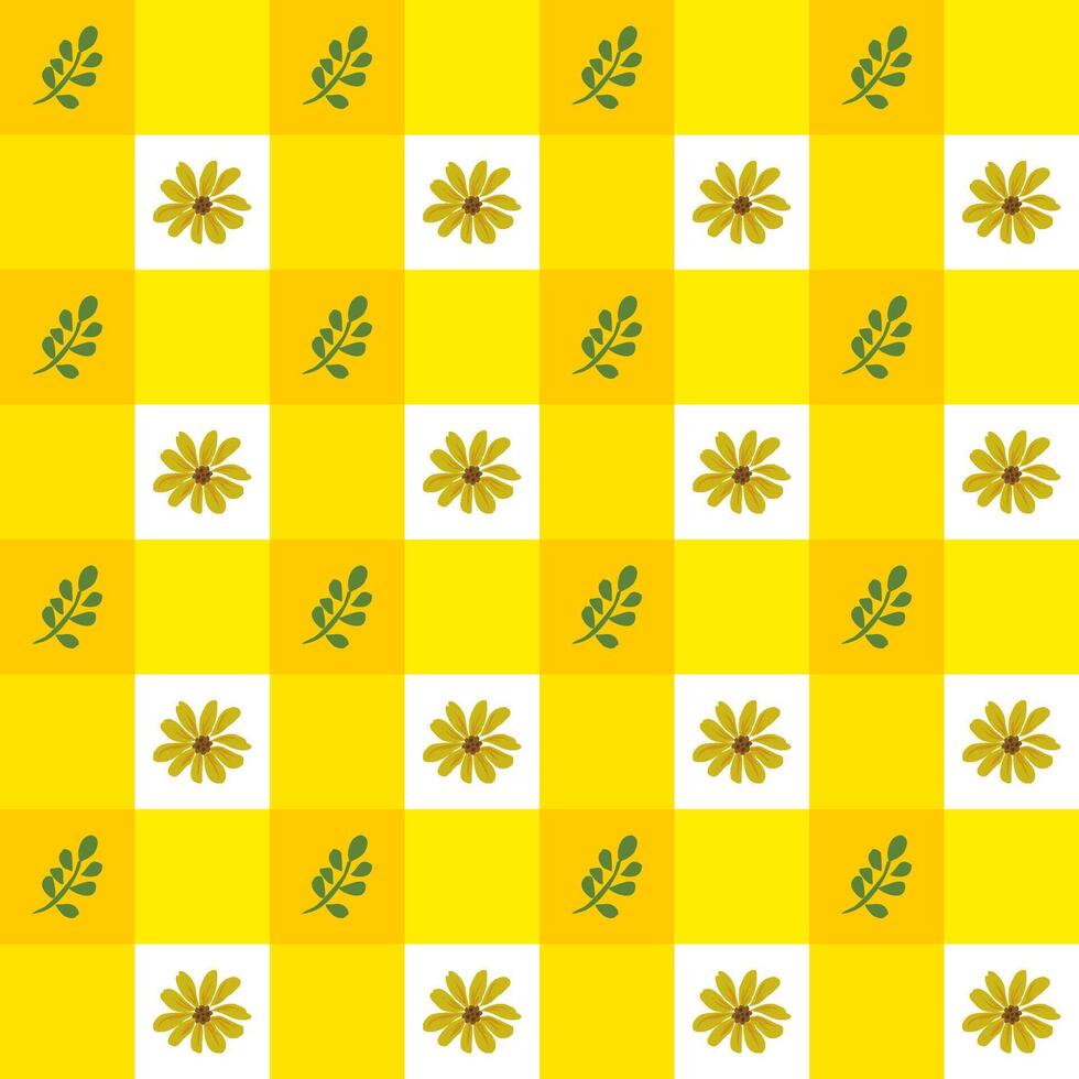 yellow checkered pattern with a small flower. Seamless geometric fabric with checkered pattern for dresses, scarves, skirts, picnic tablecloths, other fabric designs. illustration vector