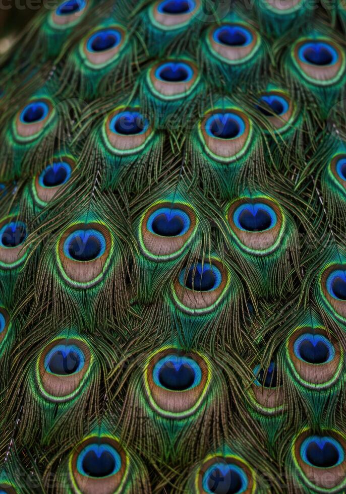 Intricate details of a peacock's mesmerizing feathers are captured up close. photo