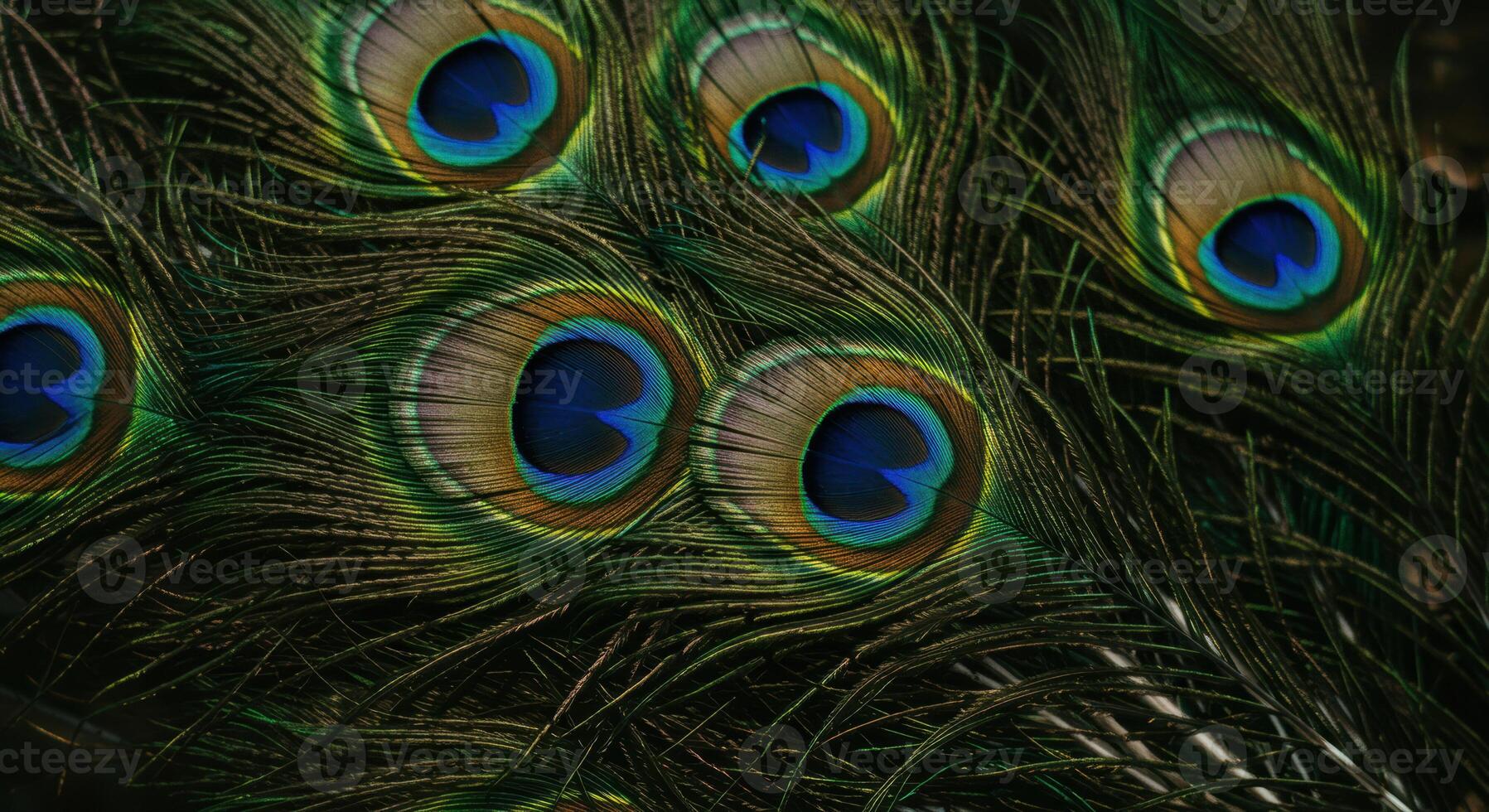 Magnificent peacock feathers display intricate details and vibrant colors in a close-up shot. photo