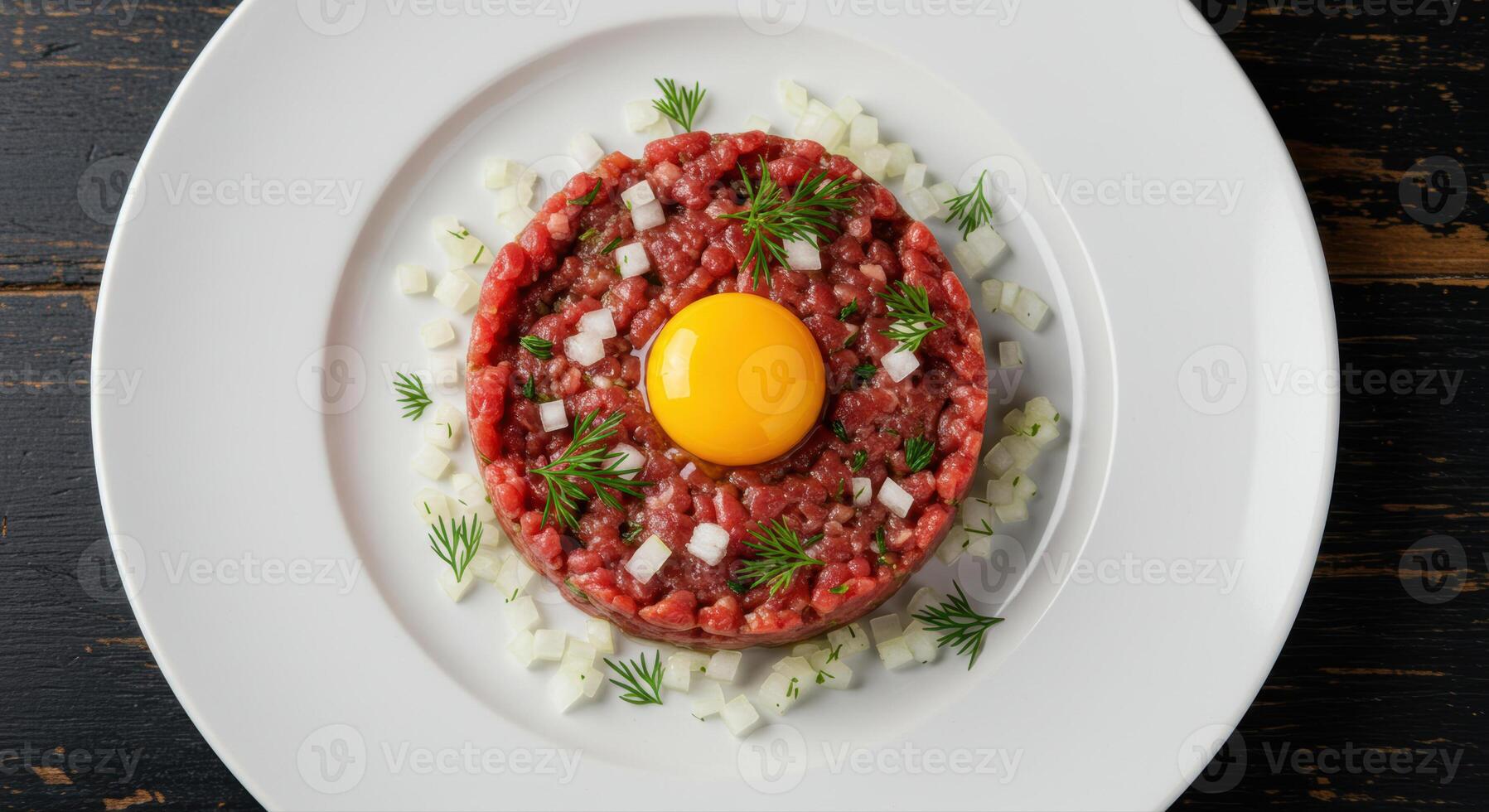Exquisite steak tartare, elegantly plated with fresh dill and diced onions, ready to enjoy. photo
