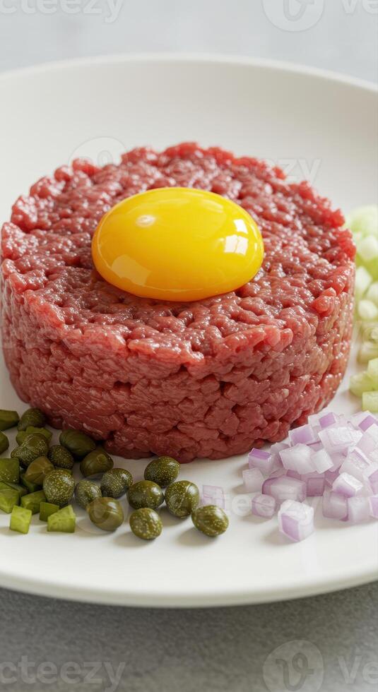 A visually appealing beef tartare with a bright yellow egg yolk, ready to be enjoyed. photo