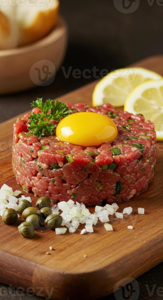 Beef tartare with egg yolk, capers, and lemon slices presented on a wooden board. photo