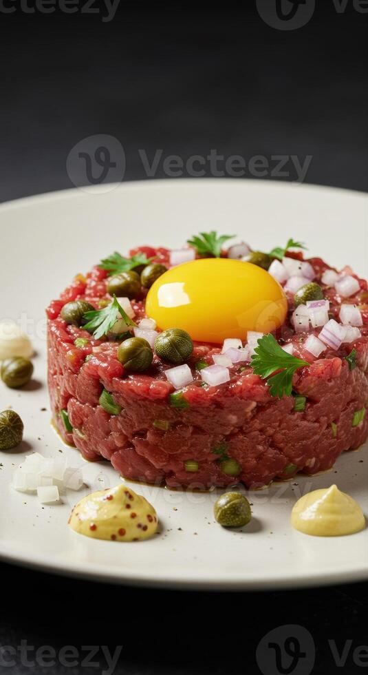 A close up shot of a beautifully arranged beef tartare with egg yolk and capers on a plate. photo