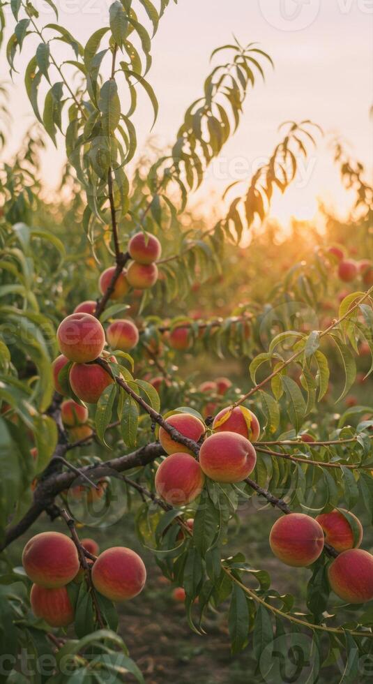 Close-up of ripe peaches hanging on the branches of a fruit tree in a sunlit orchard. photo