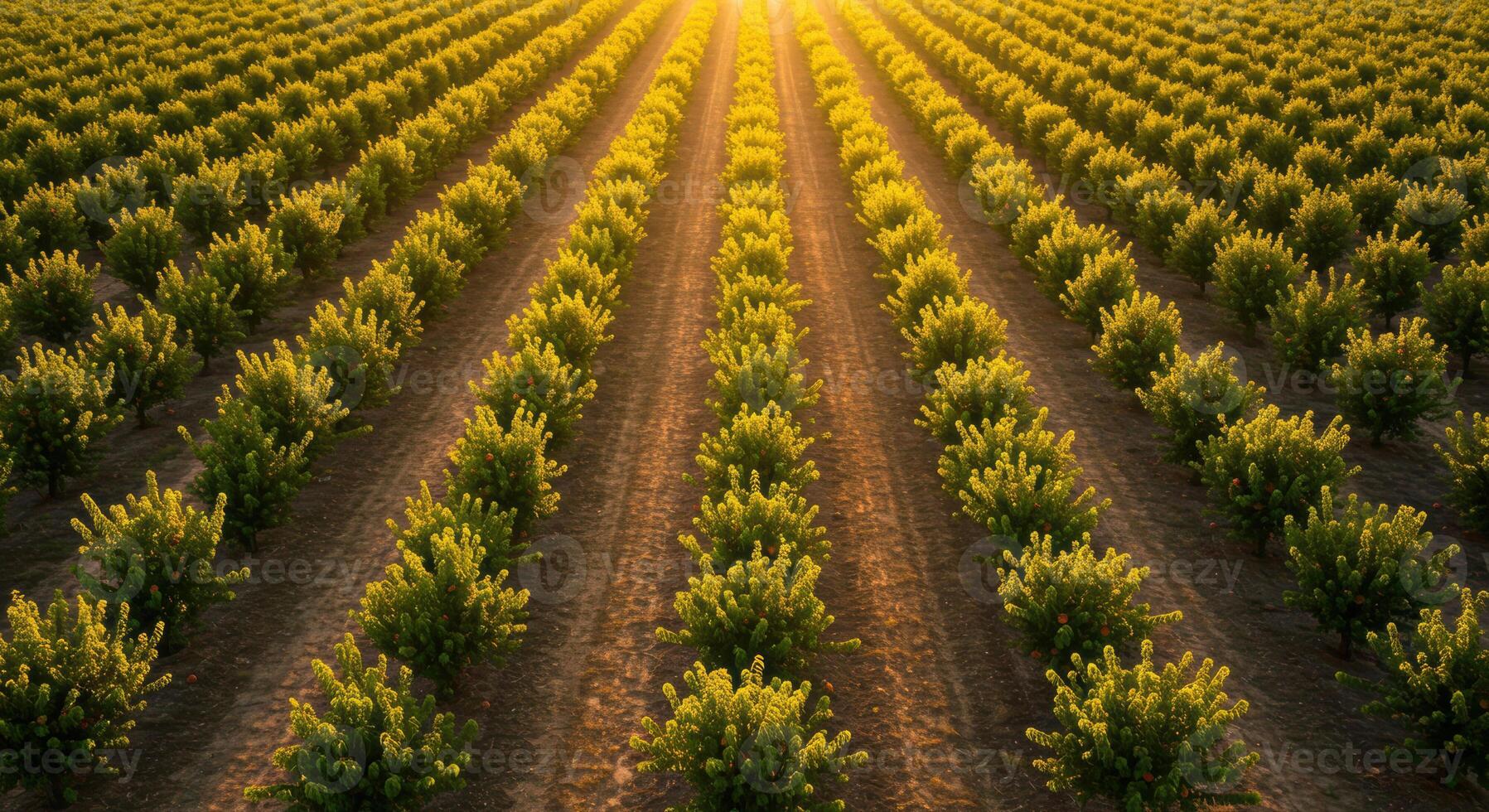 A beautiful perspective of a farm field with sun rays shining down, . photo