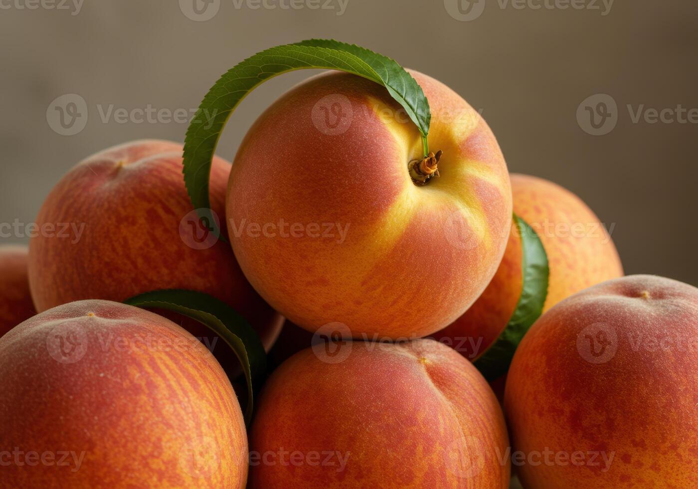 Close up of a pile of fresh, ripe peaches with a vibrant color and soft texture. photo