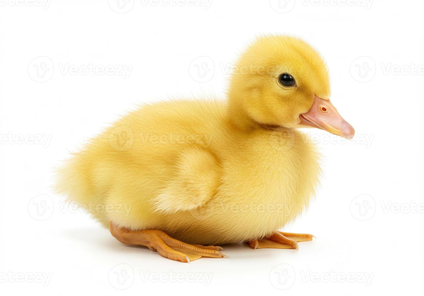 An adorable, fluffy yellow duckling sitting peacefully on a stark white backdrop. photo