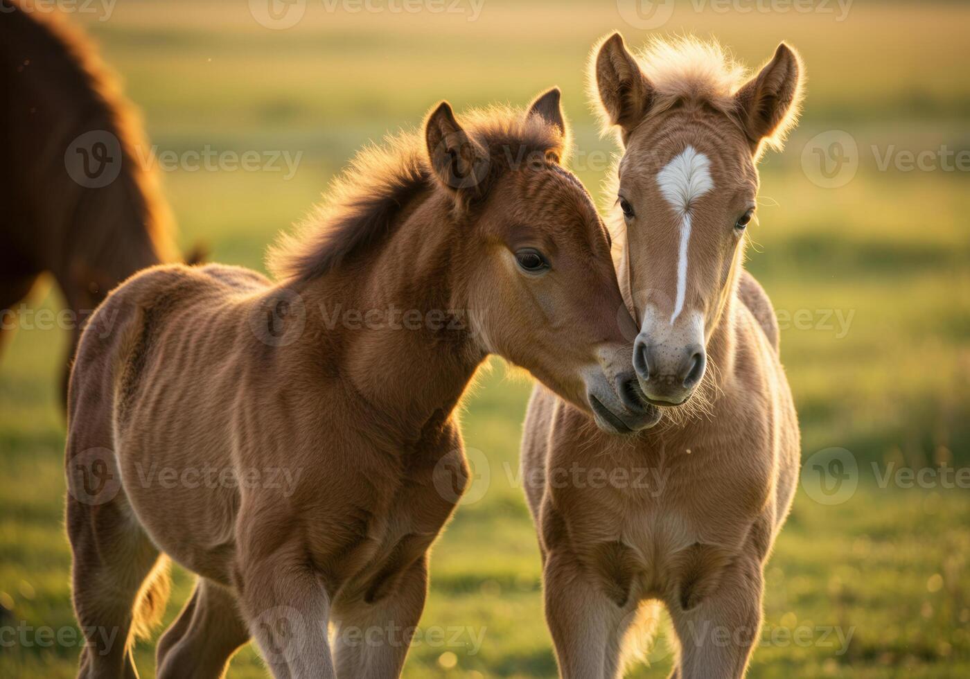 Two curious and gentle foals share an intimate moment in a vibrant green pasture. photo