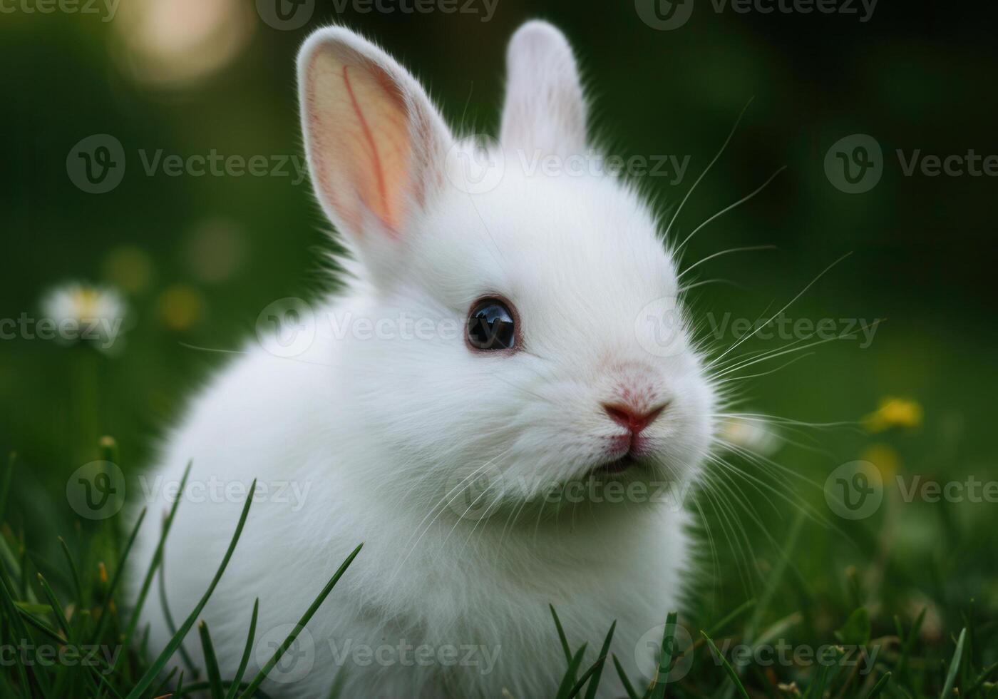 A captivating portrait of a fluffy white bunny peering out from green grass. photo