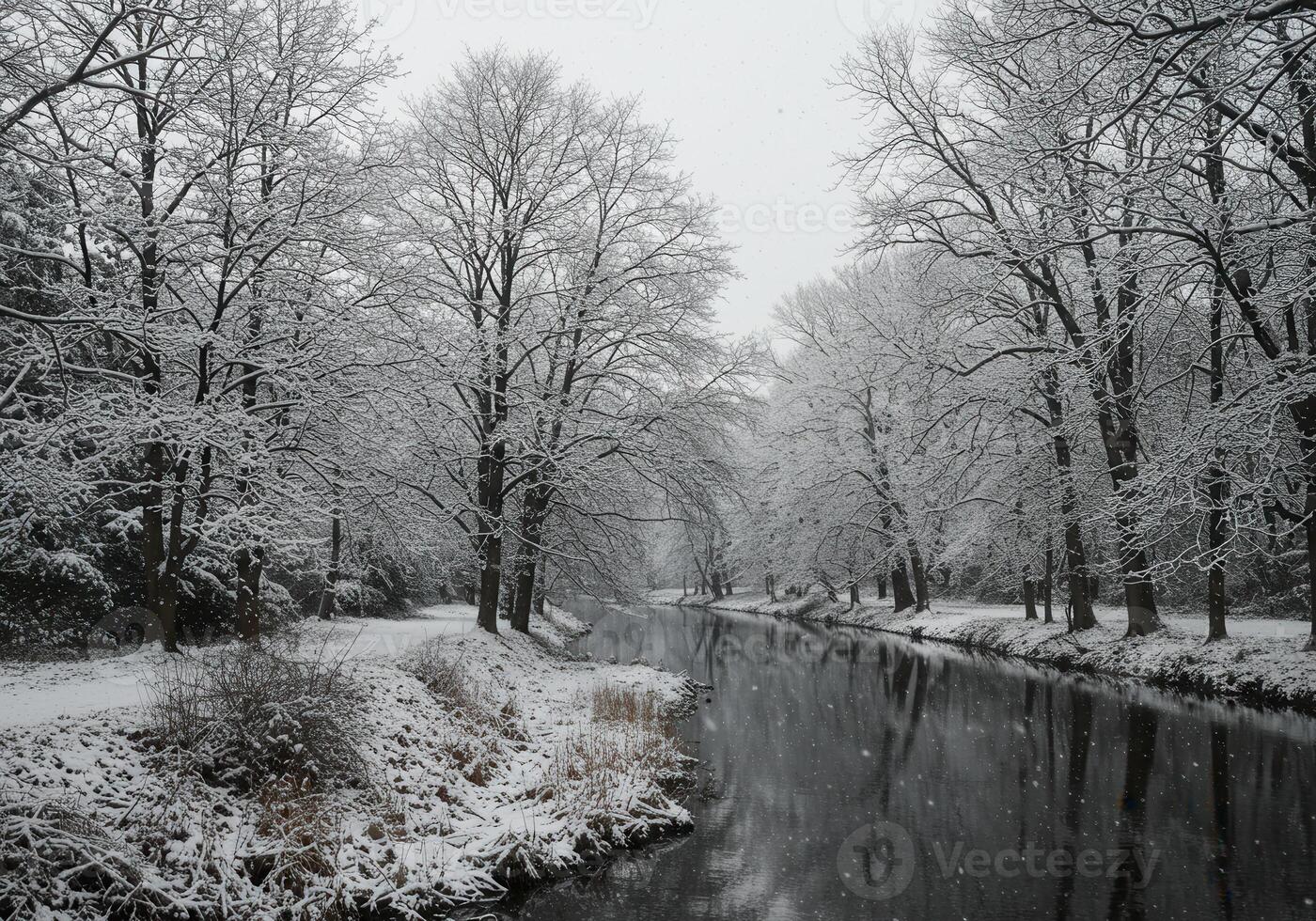 A captivating winter scene unfolds with snow-dusted trees mirrored in the still river's surface. photo