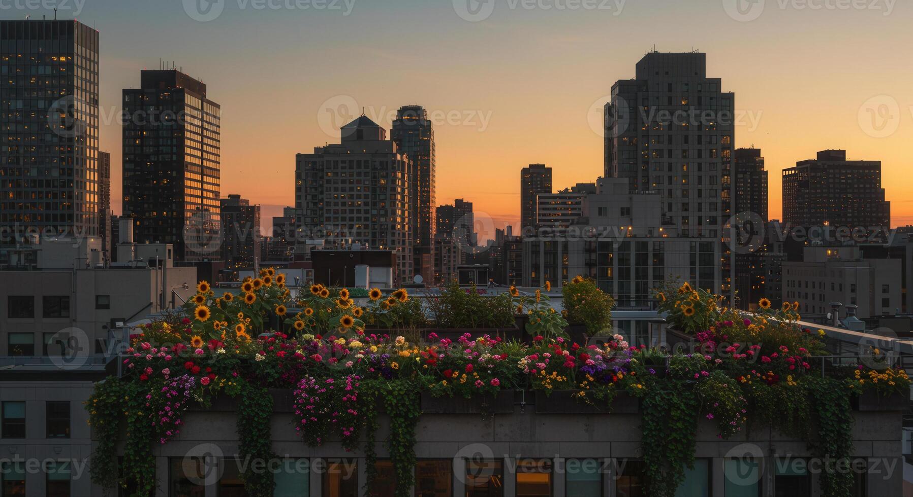 A vibrant rooftop garden blooms over a cityscape at sunset, showing lush greenery and colorful blooms. photo