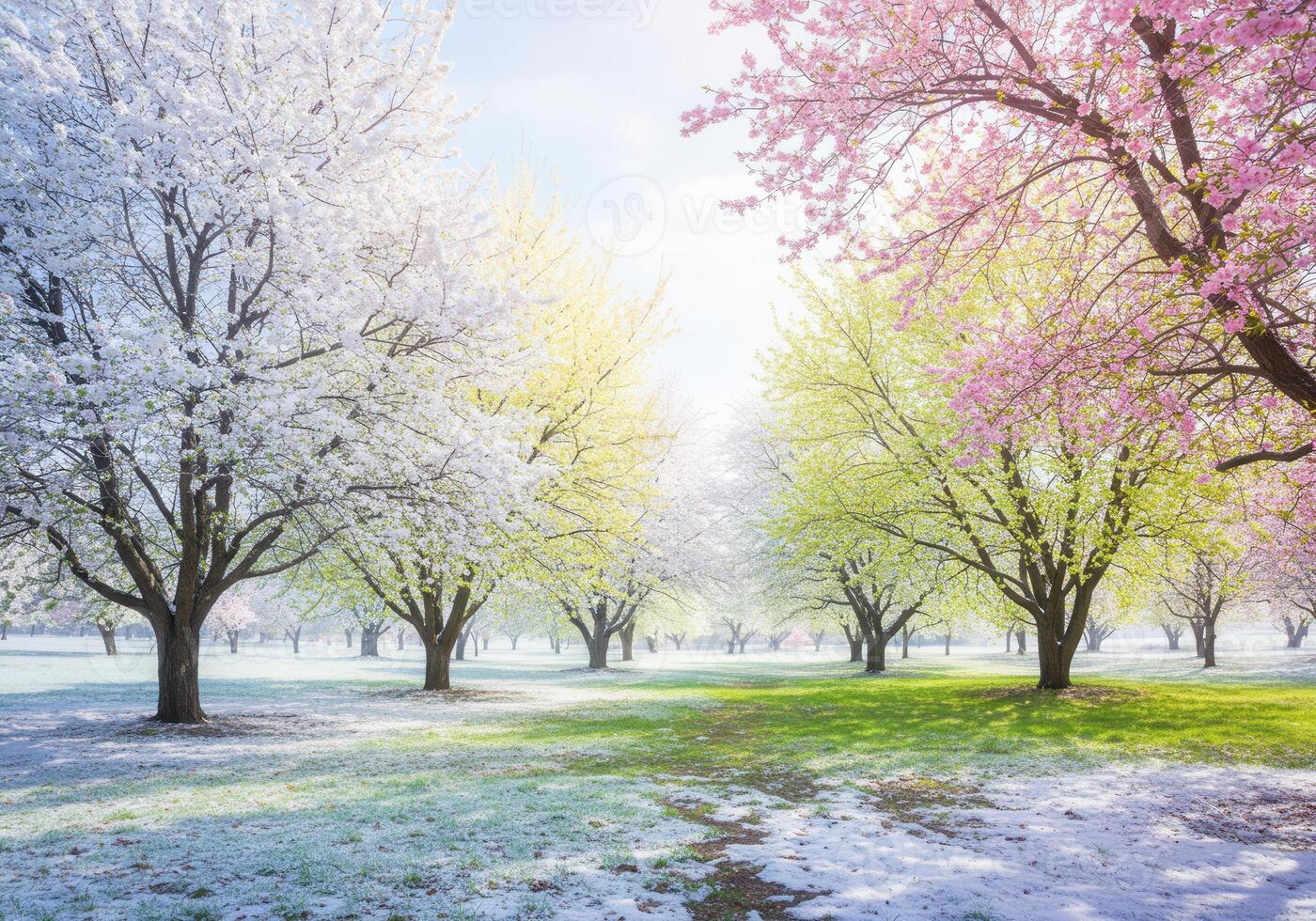 A breathtaking scene of cherry trees in full bloom, with fresh flowers under the spring sun. photo