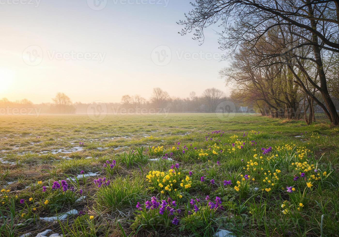 A vibrant display of wildflowers blossoms in a misty field at sunrise. photo