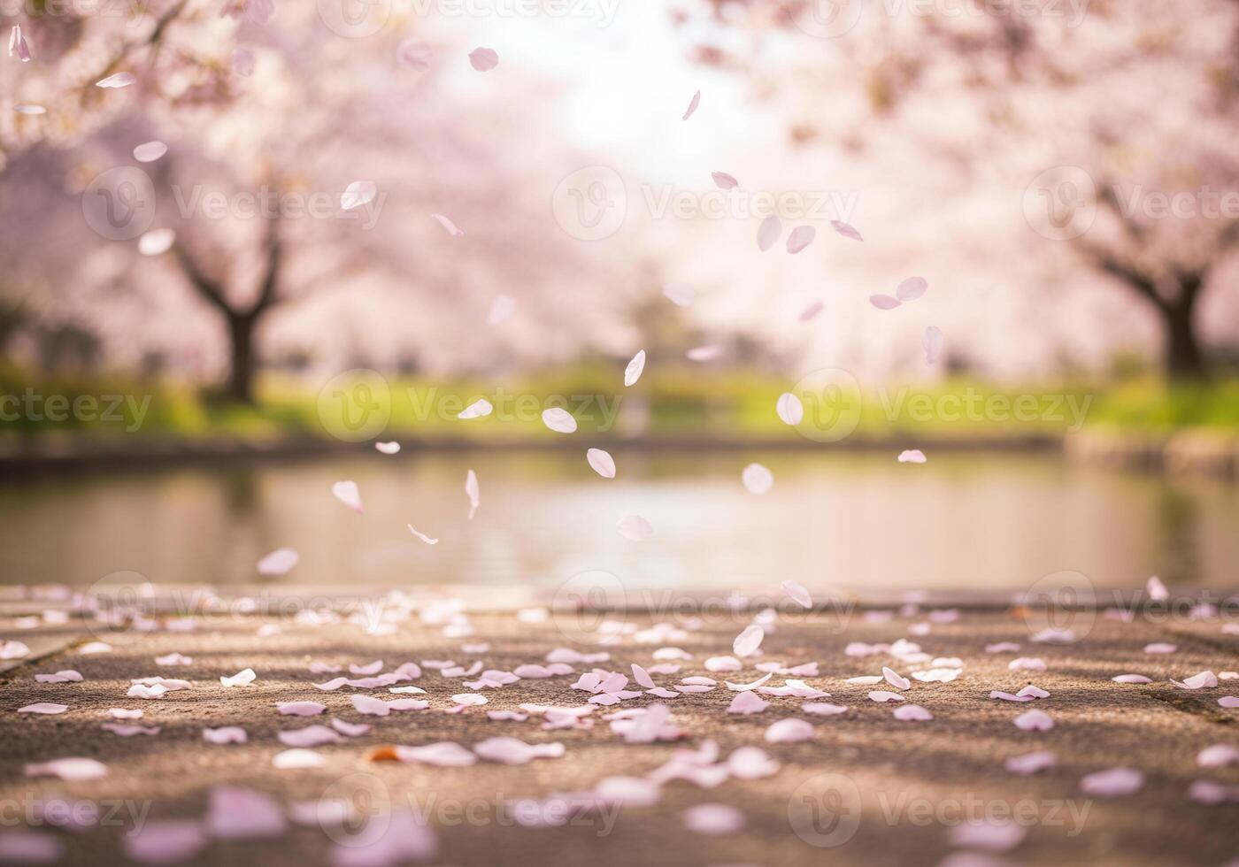 A serene scene of falling cherry blossom petals near a tranquil body of water. photo