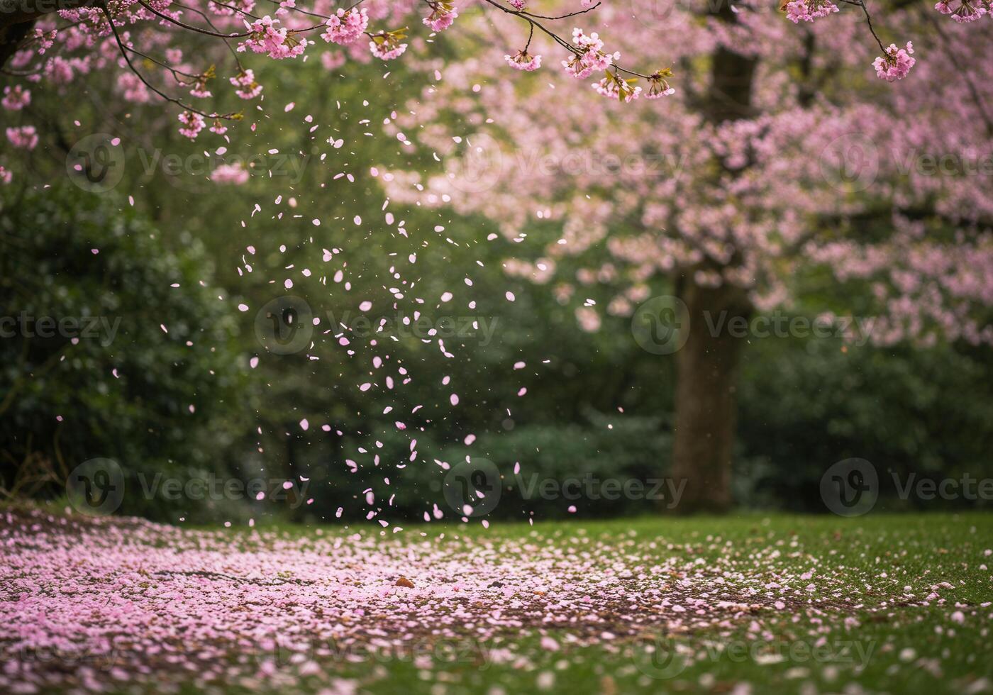 Cherry blossom petals falling in a spring park, creating a beautiful springtime scene. photo
