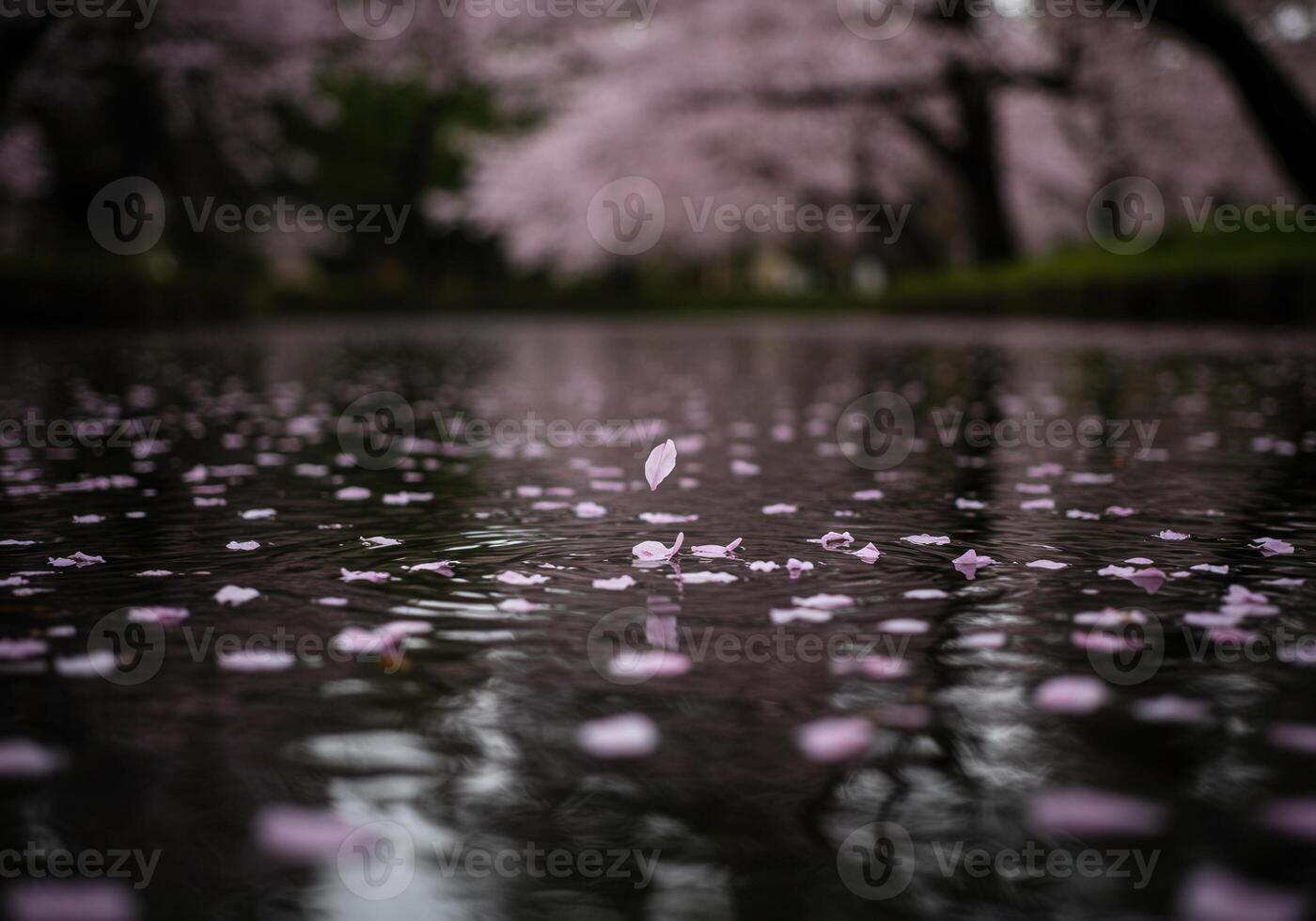 Falling cherry blossom petals gently float on the water's reflective surface. photo