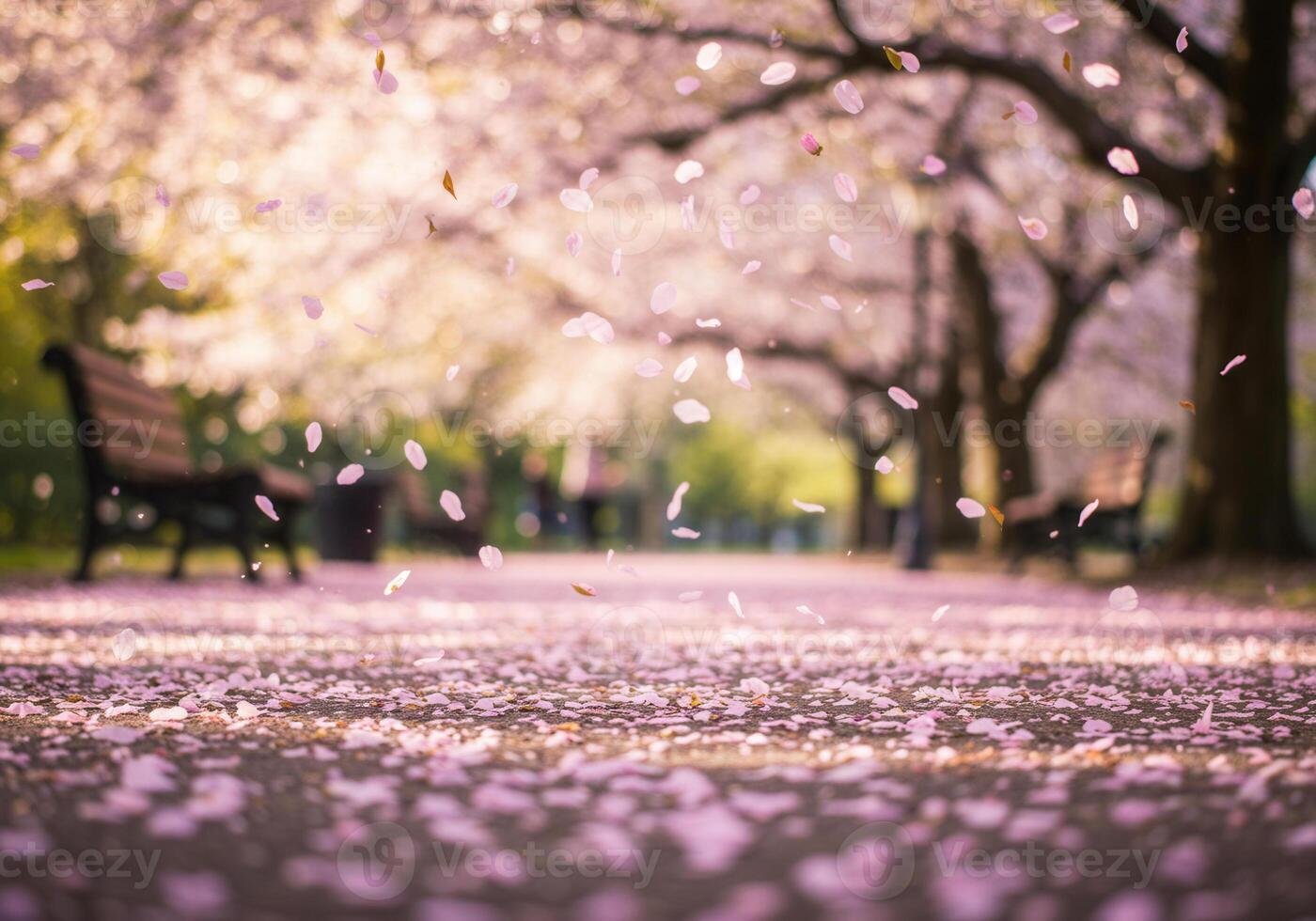 A beautiful park path covered in fallen pink cherry blossom petals. photo