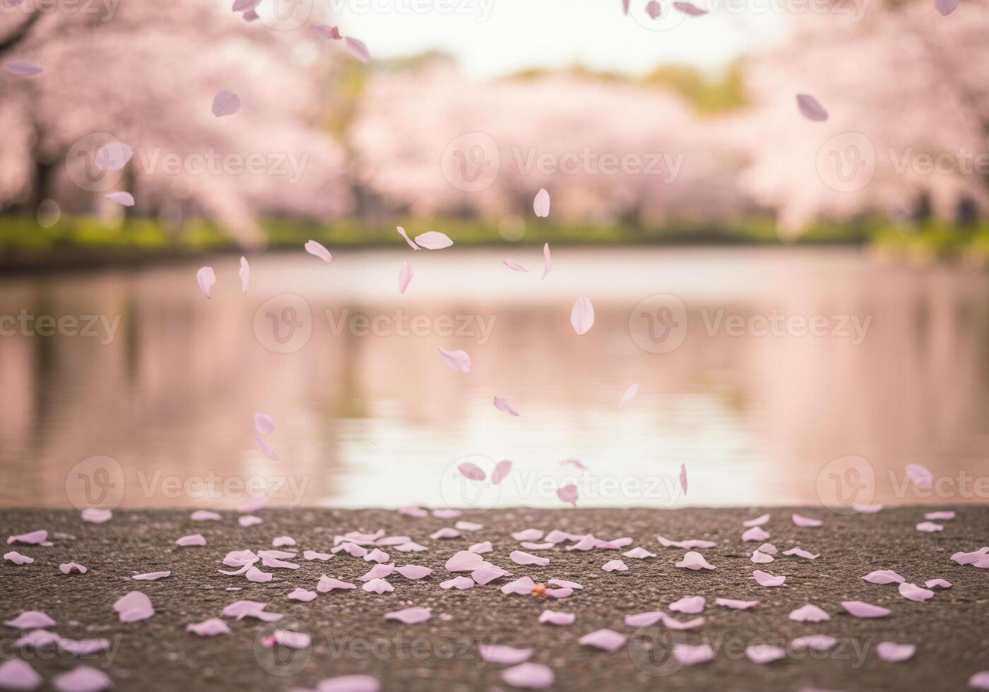 Falling cherry blossom petals cascade over the water in a beautiful spring scene. photo