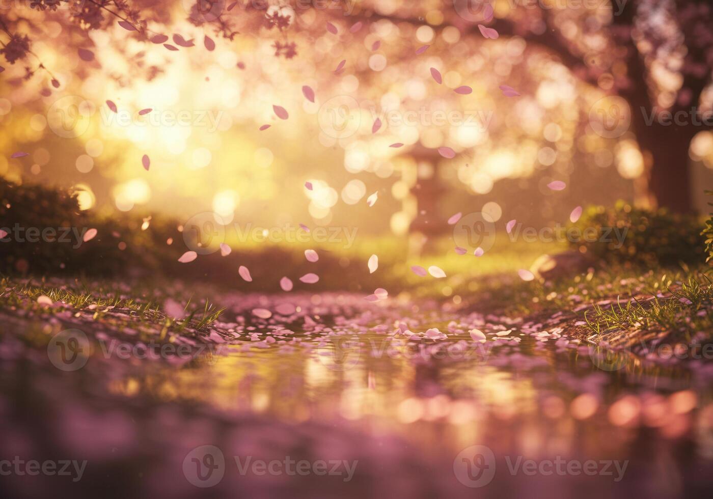 Gentle pink cherry blossom petals cascade into a serene garden scene under sunlight. photo