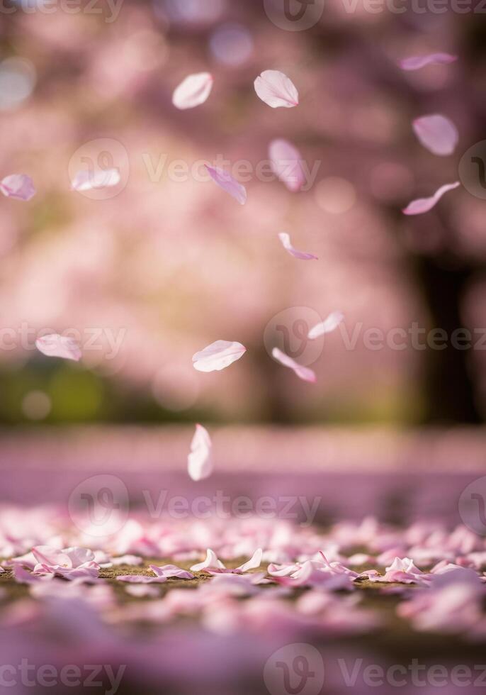 A gentle close-up captures falling cherry blossom petals in the spring breeze. photo