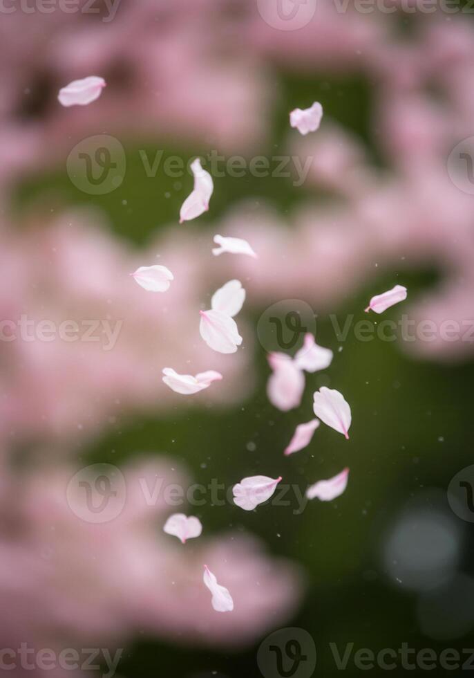 Gentle cherry blossom petals gracefully falling, creating a serene, dreamy scene. photo