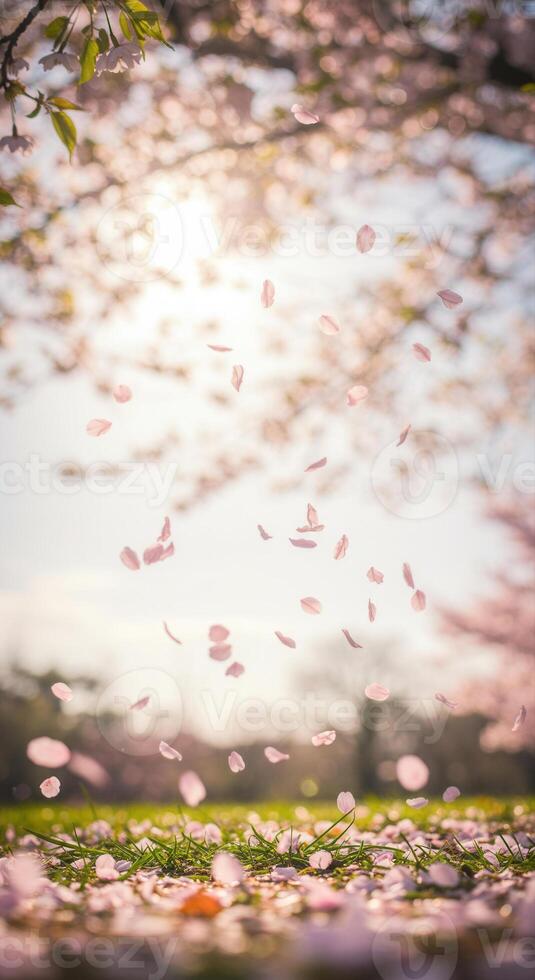 A beautiful display of falling pink cherry blossom petals, a spring moment in nature. photo
