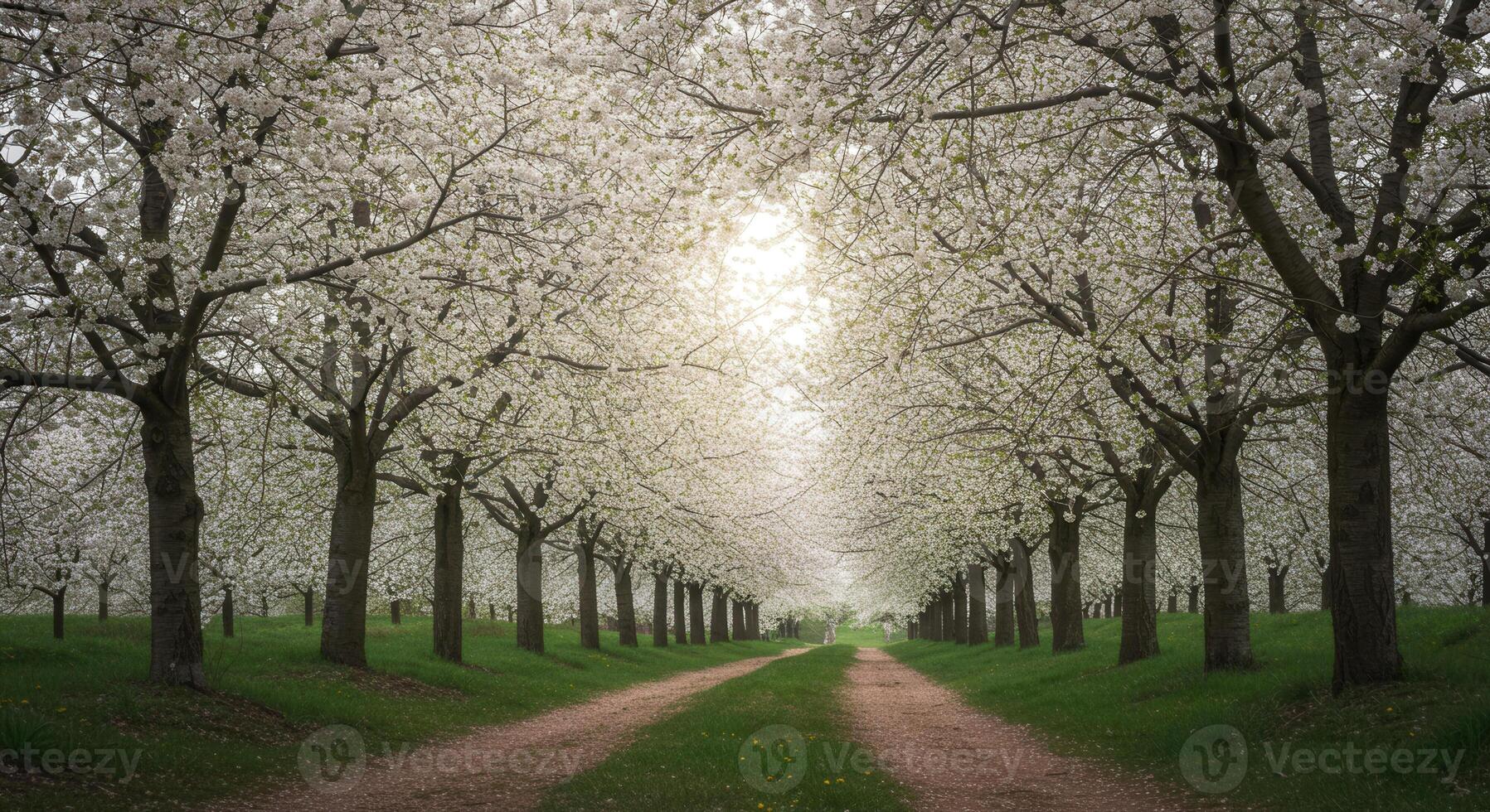Lush cherry blossom trees frame a picturesque path on a bright spring day. photo