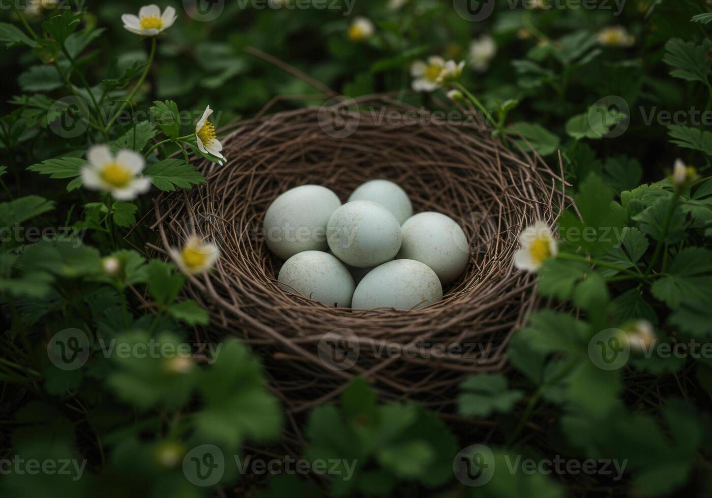 A bird's nest filled with eggs sits amidst wildflowers, showcasing spring. photo