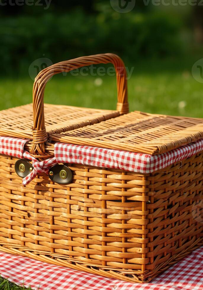 A charming picnic basket rests on a red checkered blanket on the green grass. photo