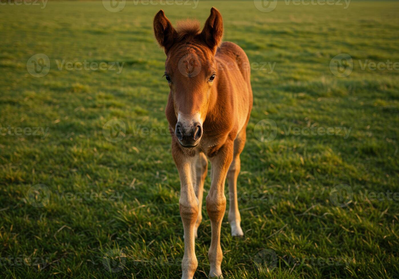 A beautiful brown foal gazes directly at the camera in a sun-drenched grassy field. photo