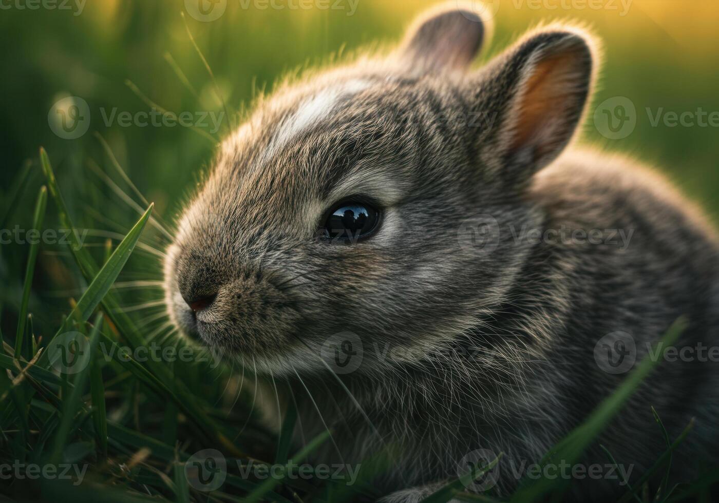 A charming close-up shot of a bunny nestled peacefully in a bed of lush, green grass. photo