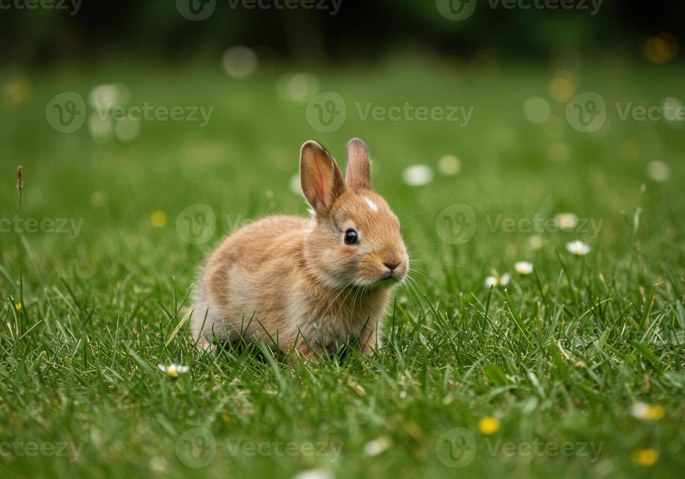 A cute brown bunny enjoying a sunny spring day in a field of fresh green grass. photo