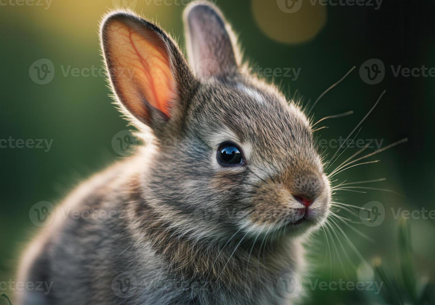A captivating portrait of a fluffy bunny in a natural, sunlit outdoor environment. photo
