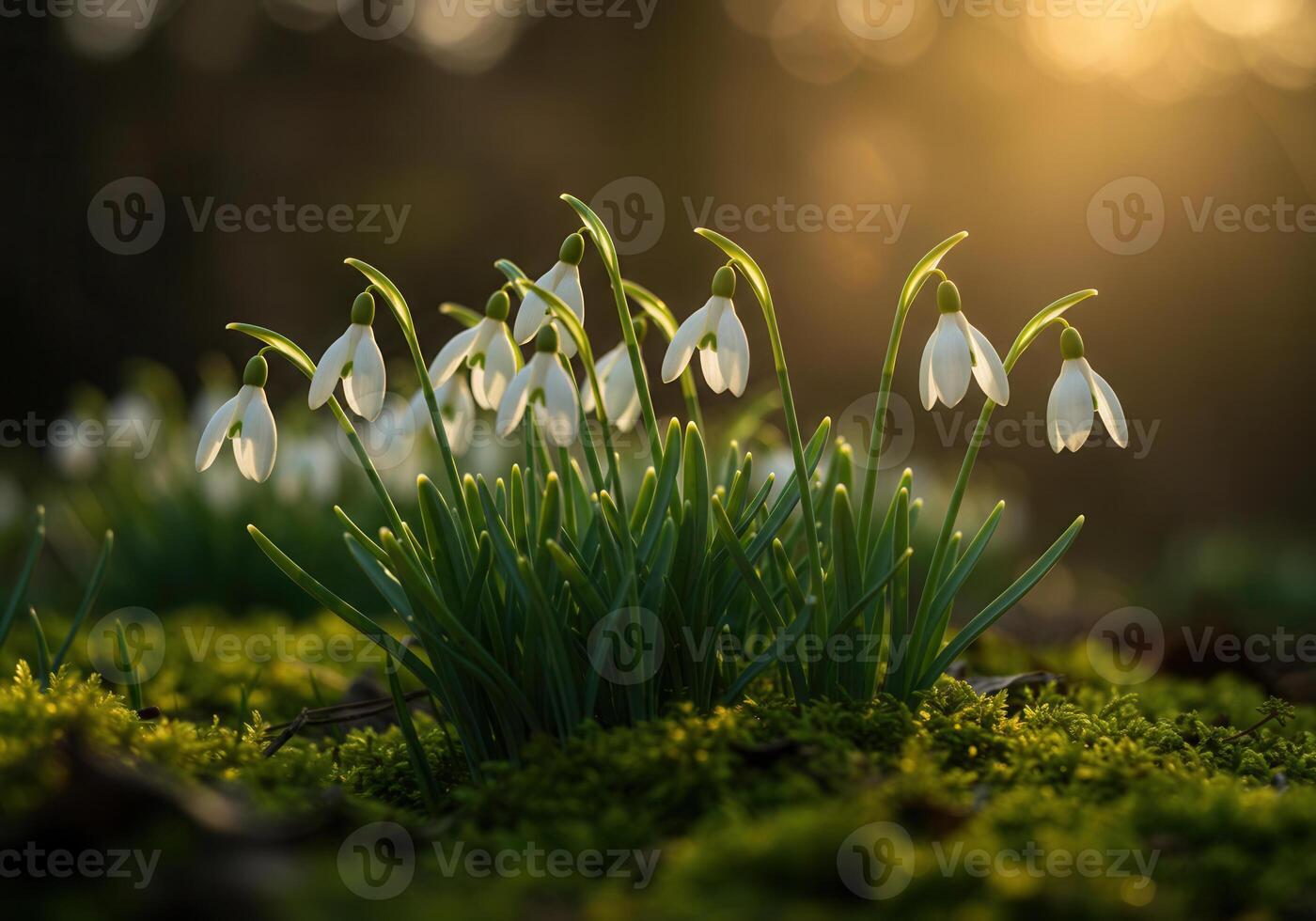 The soft sunlight gently caresses a group of beautiful snowdrop flowers in full bloom. photo