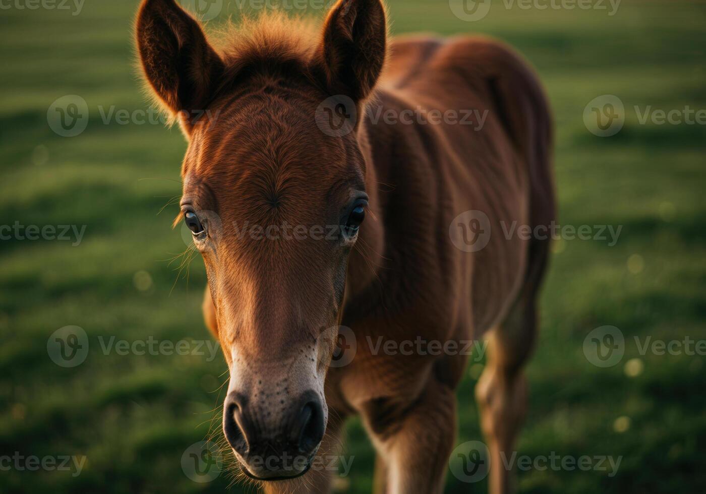 A captivating portrait of a young foal staring intently towards the camera. photo