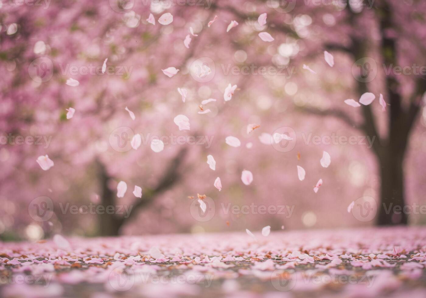 A serene scene of pink cherry blossom petals gently falling in the springtime. photo